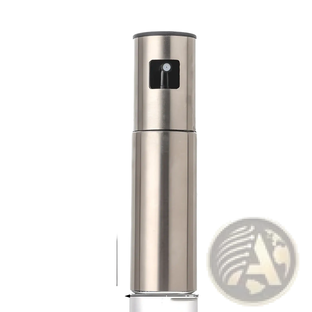 A sleek 100ml stainless steel oil sprayer with a black nozzle and measurement scale for precise spraying
