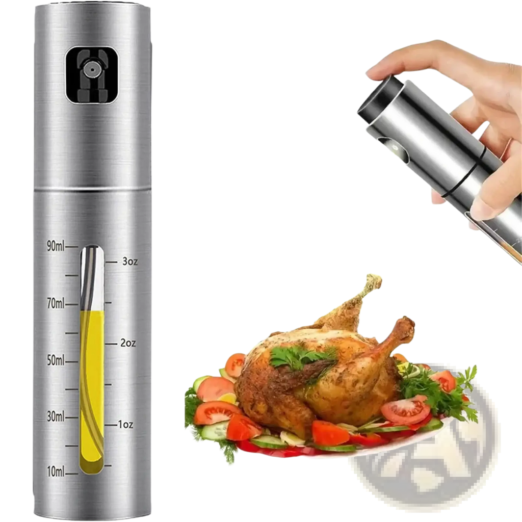 Stainless steel oil sprayer with clear measurement scale window and black top for precise oil dispensing