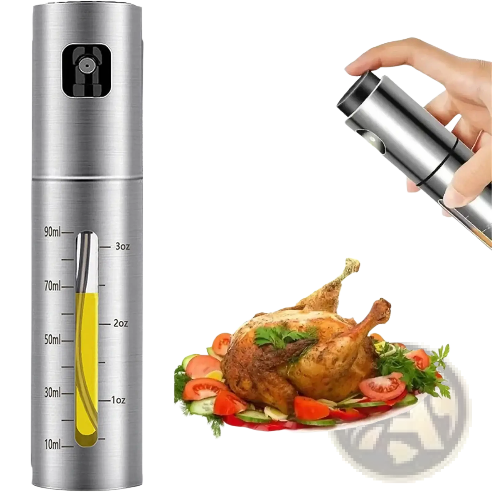 Stainless steel oil sprayer with clear measurement scale window and black top for precise oil dispensing