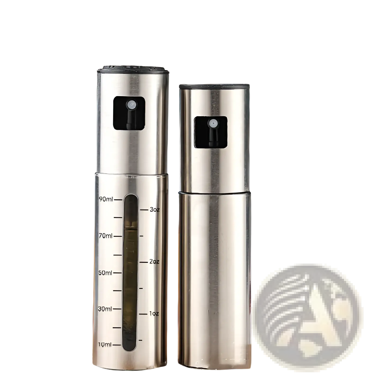 Stainless steel oil sprayer with black spray nozzle and measurement scale for precise fuel injection