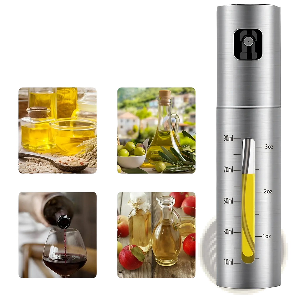 Stainless steel oil sprayer with transparent window and measurement scale for precise oil or vinegar dispensing