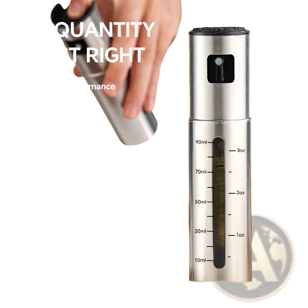 Stainless steel oil sprayer with measurement scale, black nozzle, and visible measurement markings on the bottle