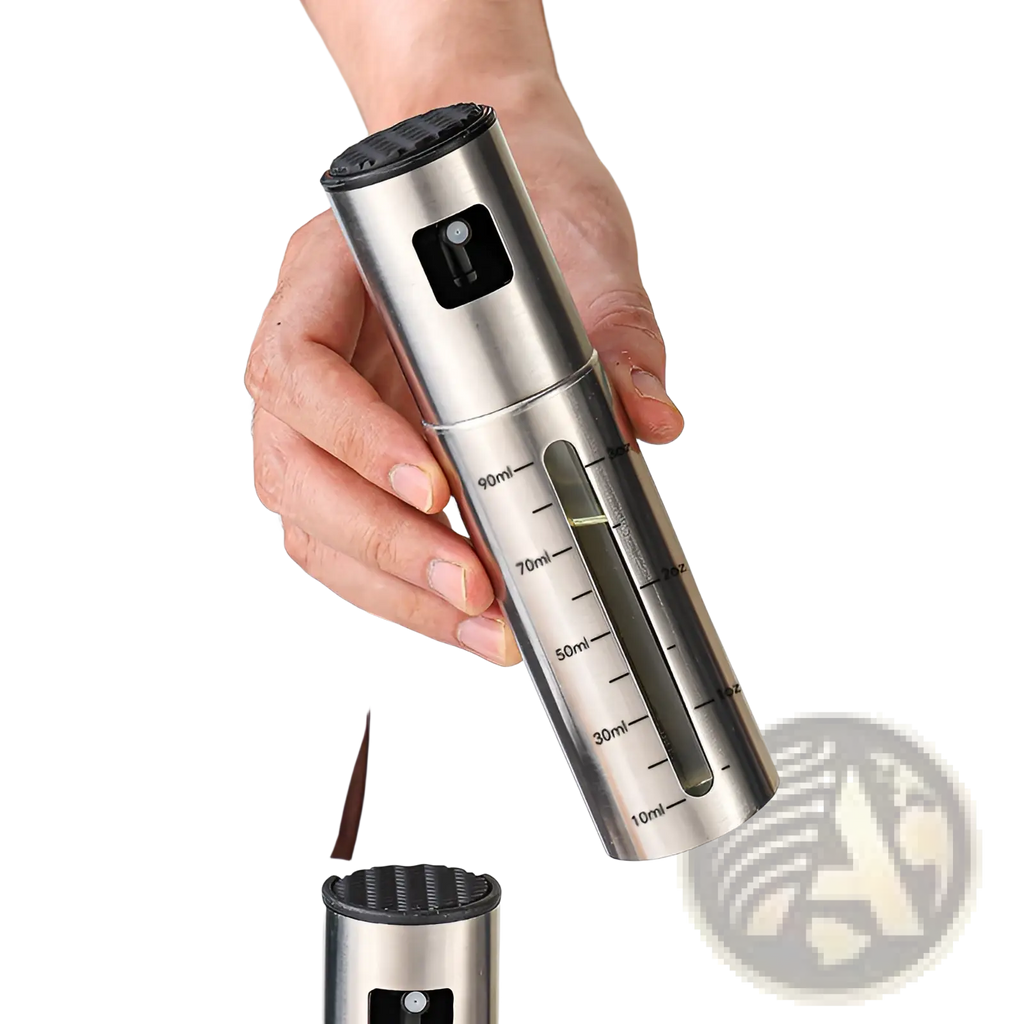 Stainless steel oil sprayer with black textured cap and clear measurement scale for precise oil dispensing