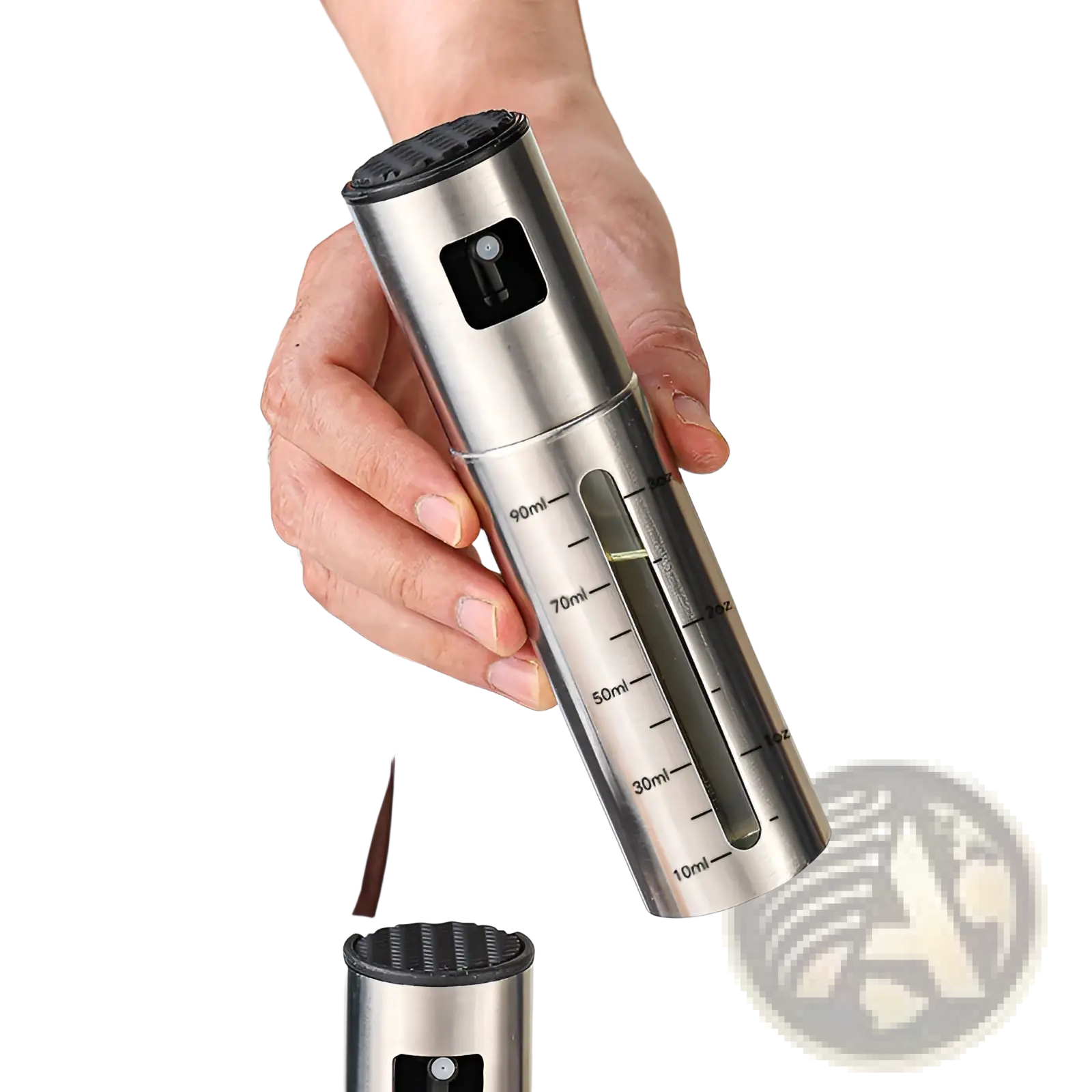 Stainless steel oil sprayer with black textured cap and clear measurement scale for precise oil dispensing