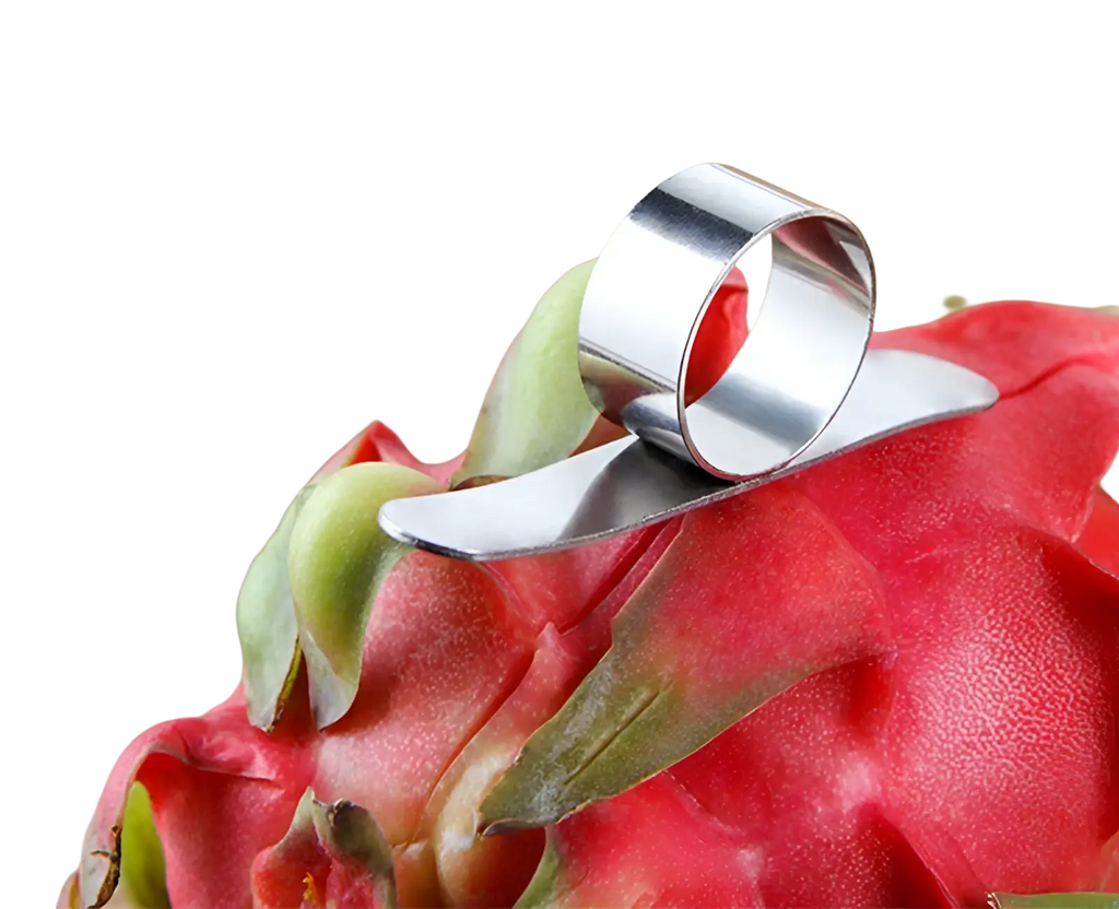 Shiny stainless steel orange peeler ring with sleek curved design for efficient citrus and dragon fruit peeling