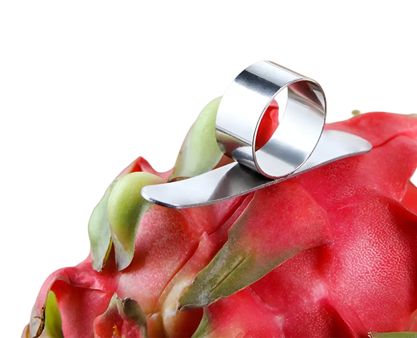 Shiny stainless steel orange peeler ring with sleek curved design for efficient citrus and dragon fruit peeling
