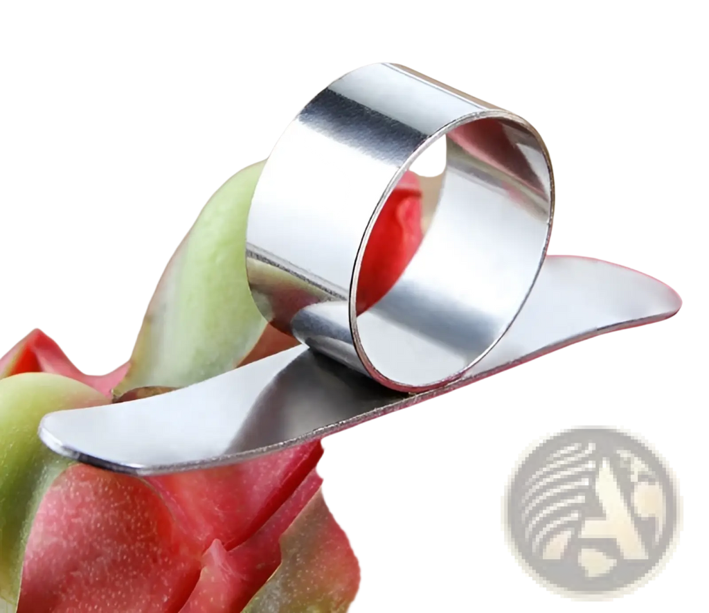 Shiny stainless steel orange peeler ring with a sleek curved design for easy citrus fruit peeling