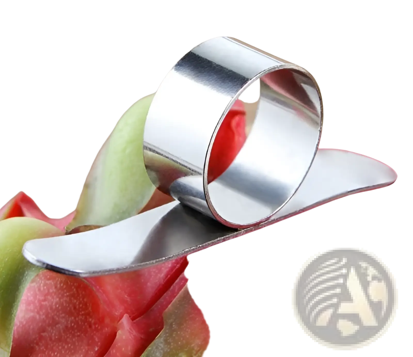 Shiny stainless steel orange peeler ring with a sleek curved design for easy citrus fruit peeling