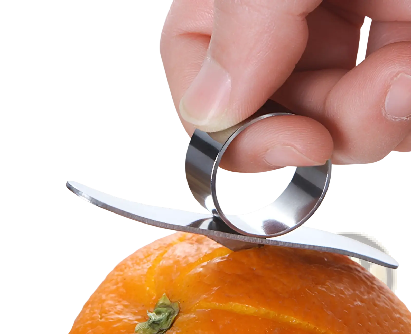 A sleek stainless steel orange peeler ring with a curved blade designed for easy citrus peeling