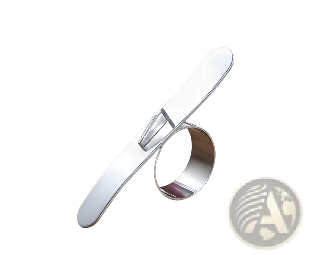 A sleek silver stainless steel orange peeler ring with integrated blade and polished finish for citrus peeling