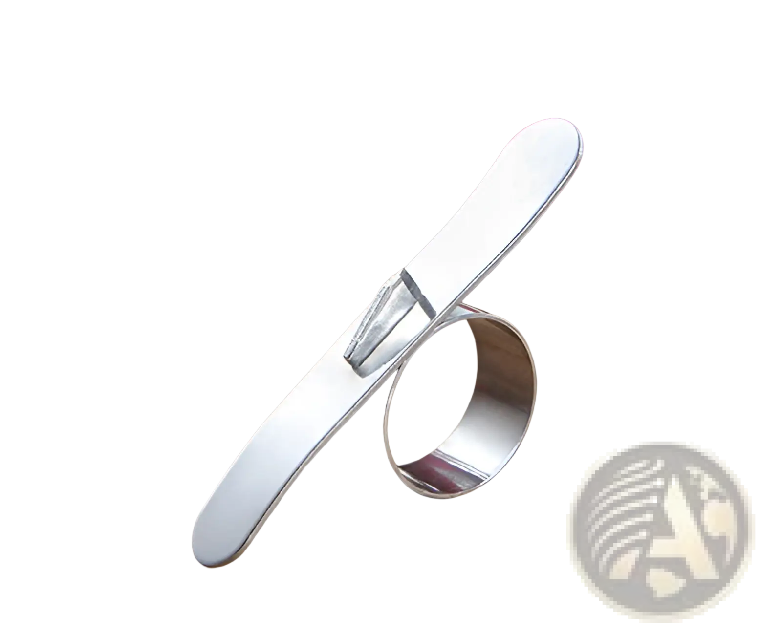A sleek silver stainless steel orange peeler ring with integrated blade and polished finish for citrus peeling