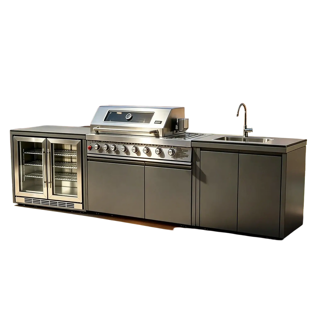 Stainless steel outdoor kitchen island and grill set with sleek modern design and multiple control knobs for grilling