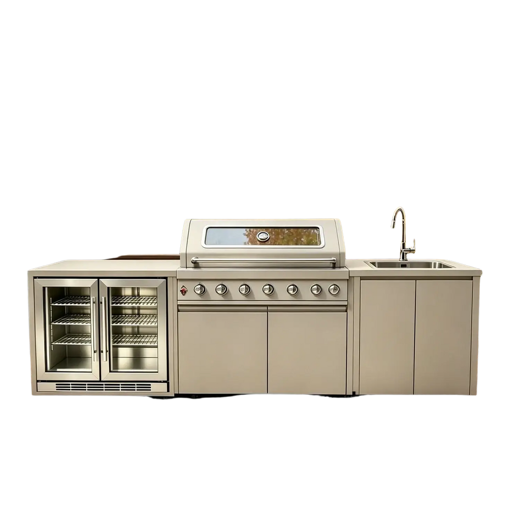 Stainless steel outdoor kitchen island and grill set featuring a sleek modern design with six control knobs