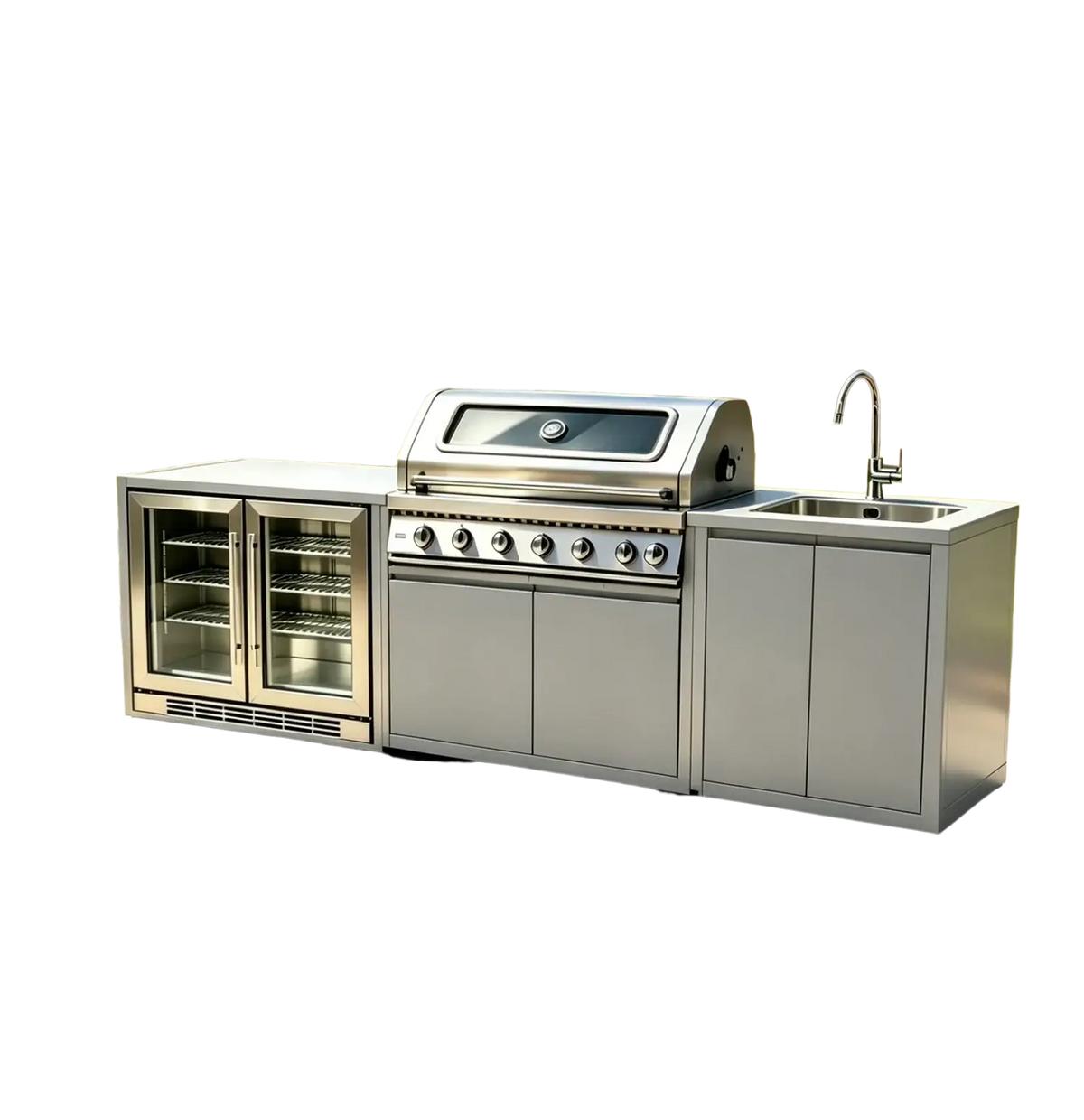 Stainless steel outdoor kitchen island and grill set featuring a sleek modern grill with integrated sink