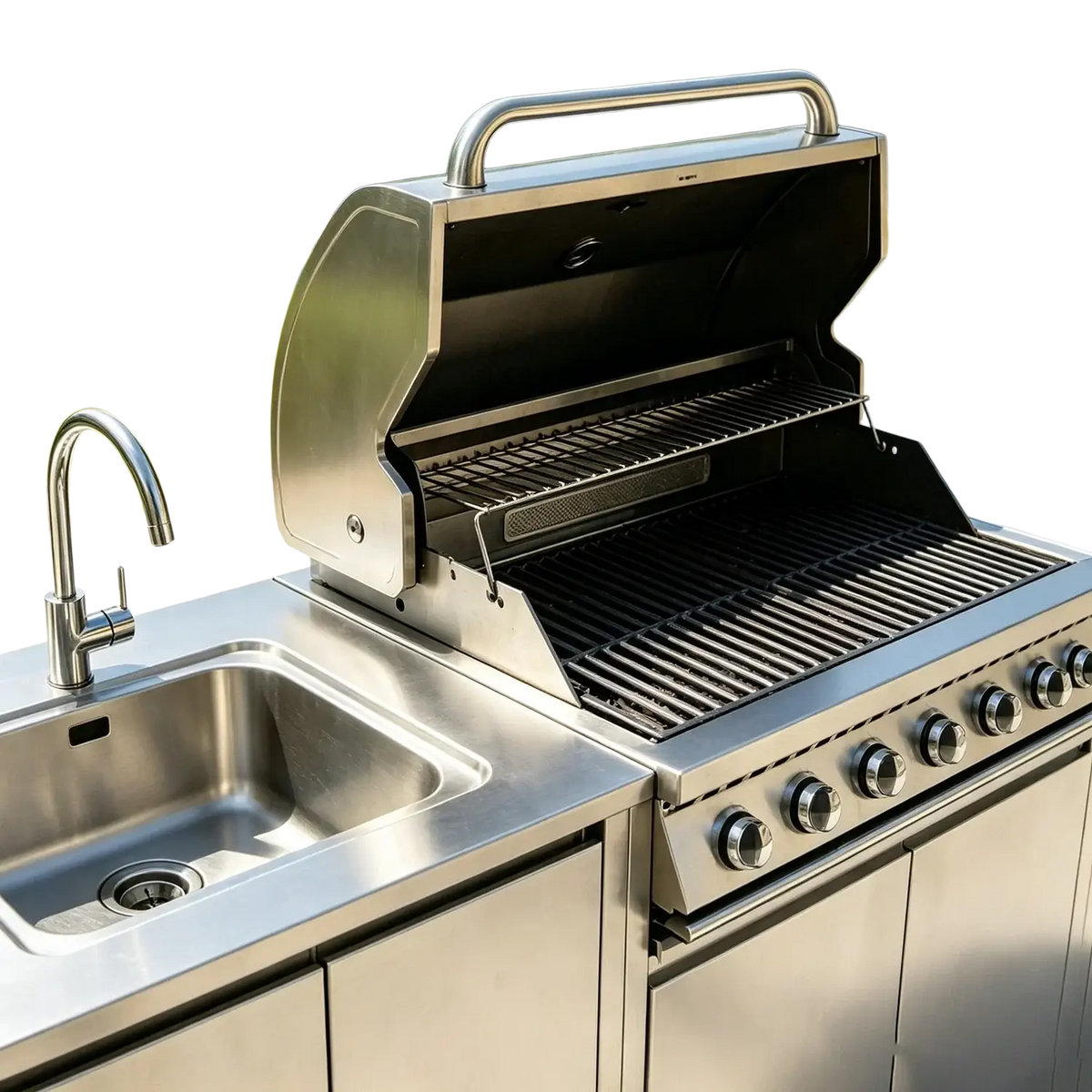 Stainless steel outdoor kitchen island and grill set featuring a stainless steel gas grill with black grates and modern design