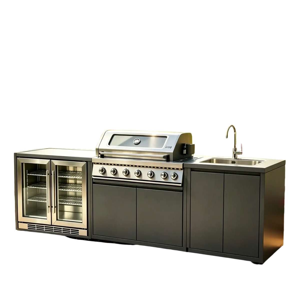 Stainless steel outdoor kitchen island and grill set featuring a sleek gas grill with multiple control knobs