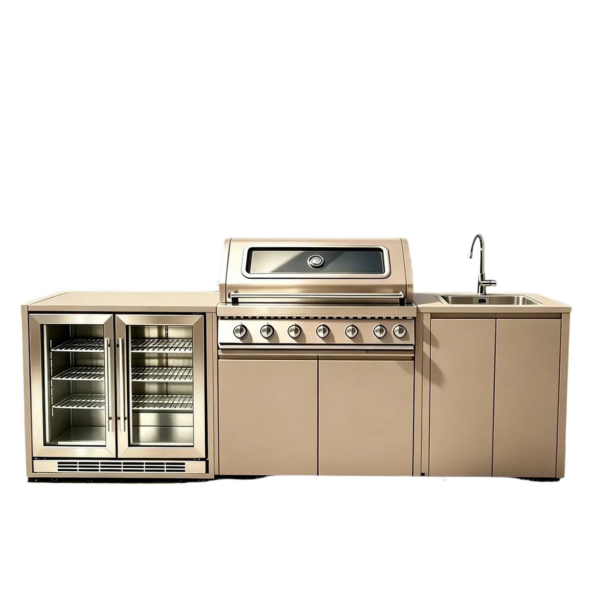 Modern stainless steel outdoor kitchen island and grill set with integrated sink and glass-door refrigeration cabinet