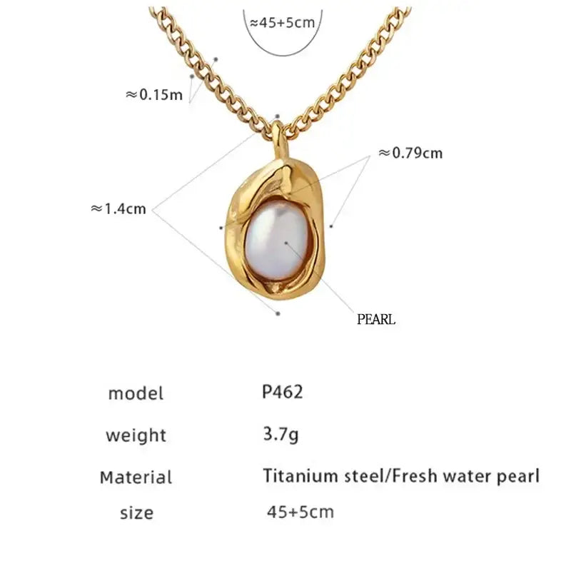 Gold-toned stainless steel pearl pendant necklace for women girls with fresh water pearl in organic titanium setting