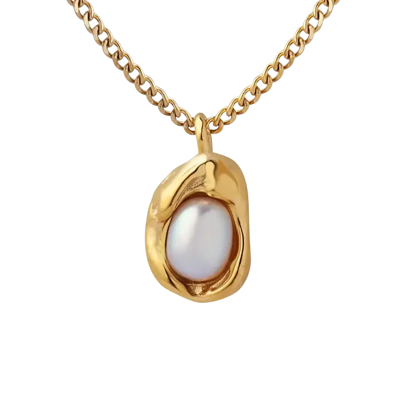 Gold-toned stainless steel pearl pendant necklace for women girls with sculptural organic-shaped oval freshwater pearl
