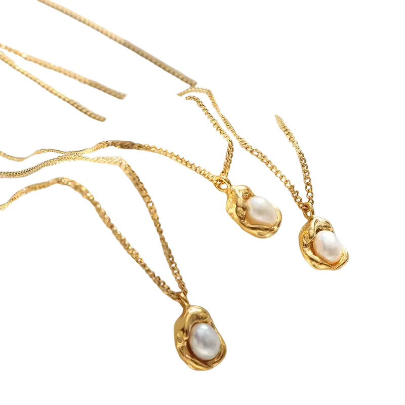 Stainless steel pearl pendant necklace for women girls featuring gold-toned settings with irregular white pearls