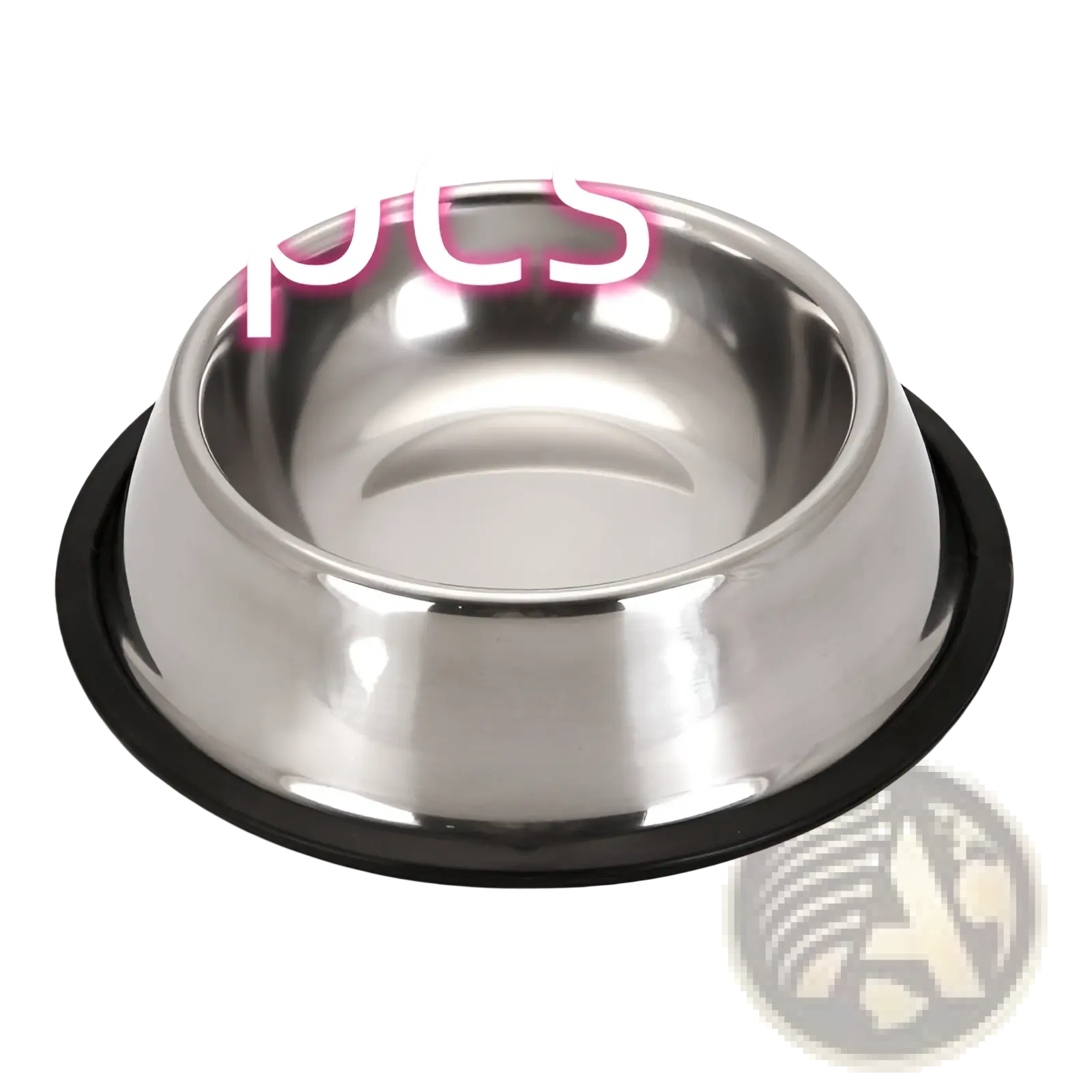 Stainless steel pet food bowl with a black non slip rubber base for stability during feeding