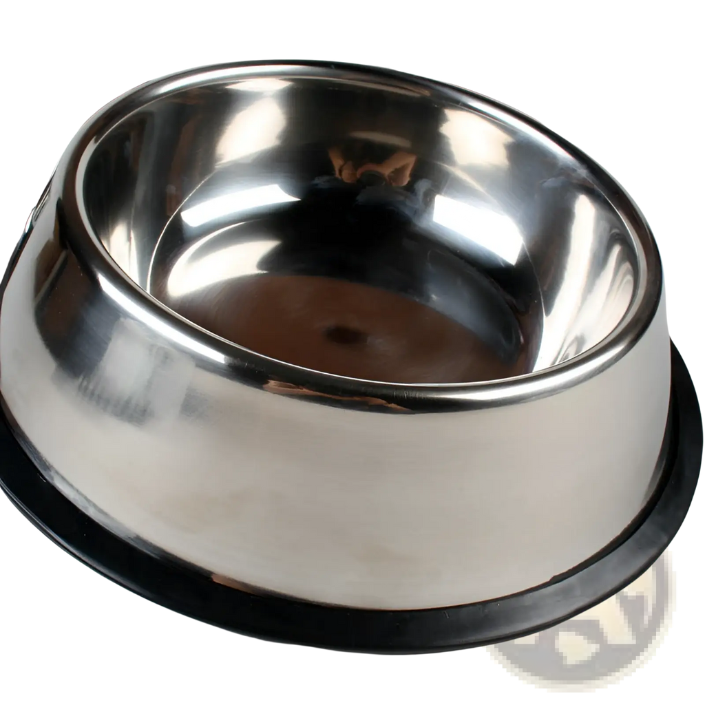 Shiny stainless steel pet food bowl with black non slip rubber base for stability and durability