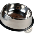 Shiny stainless steel pet food bowl with black non slip rubber base for stability and durability
