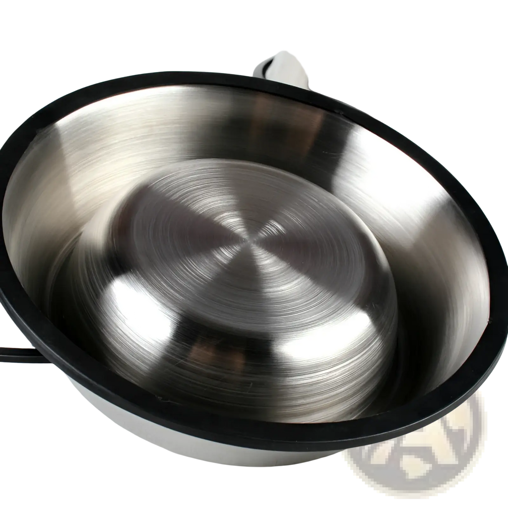 Stainless steel pet bowl with non slip black rubber base and brushed metallic finish for secure feeding