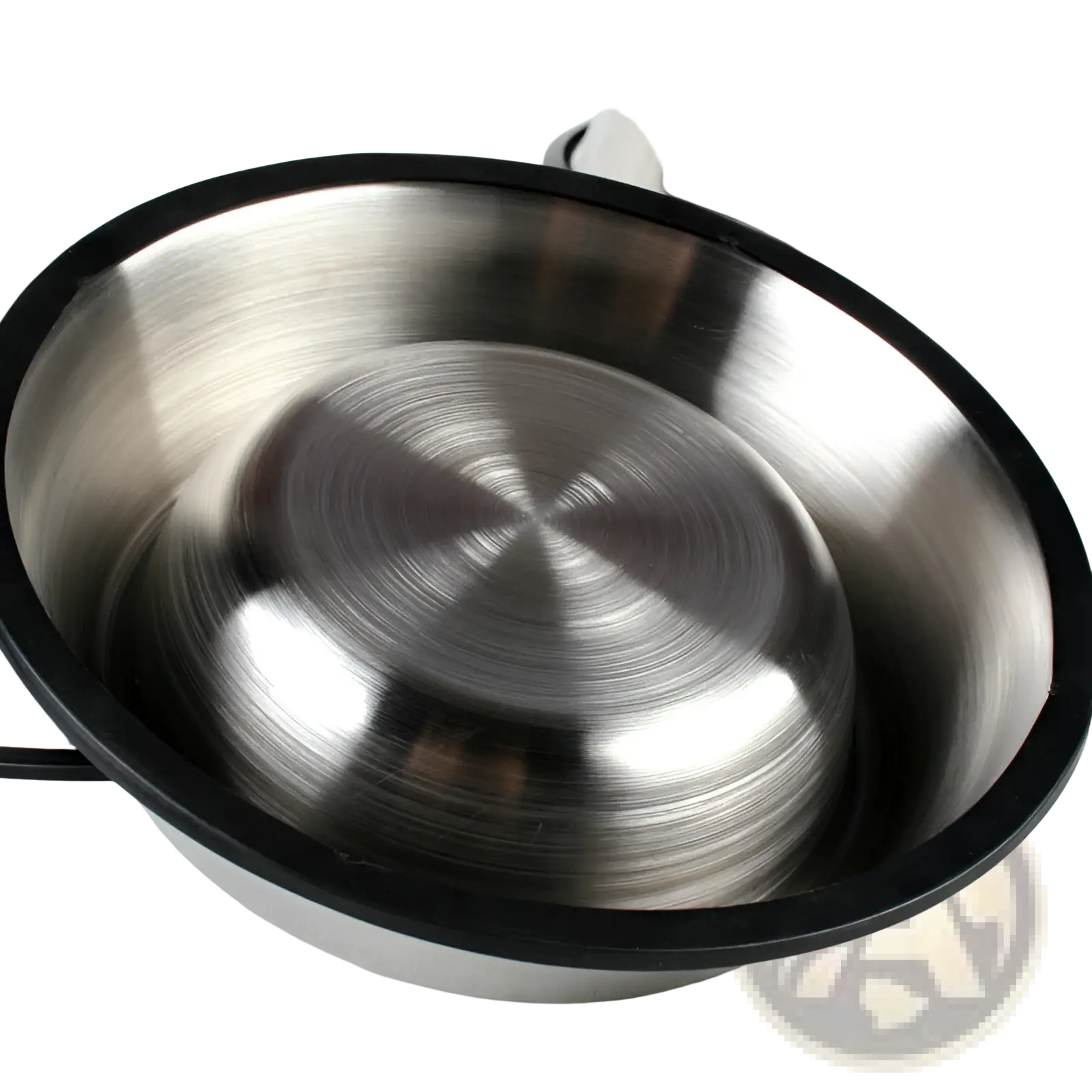 Stainless steel pet bowl with non slip black rubber base and brushed metallic finish for secure feeding