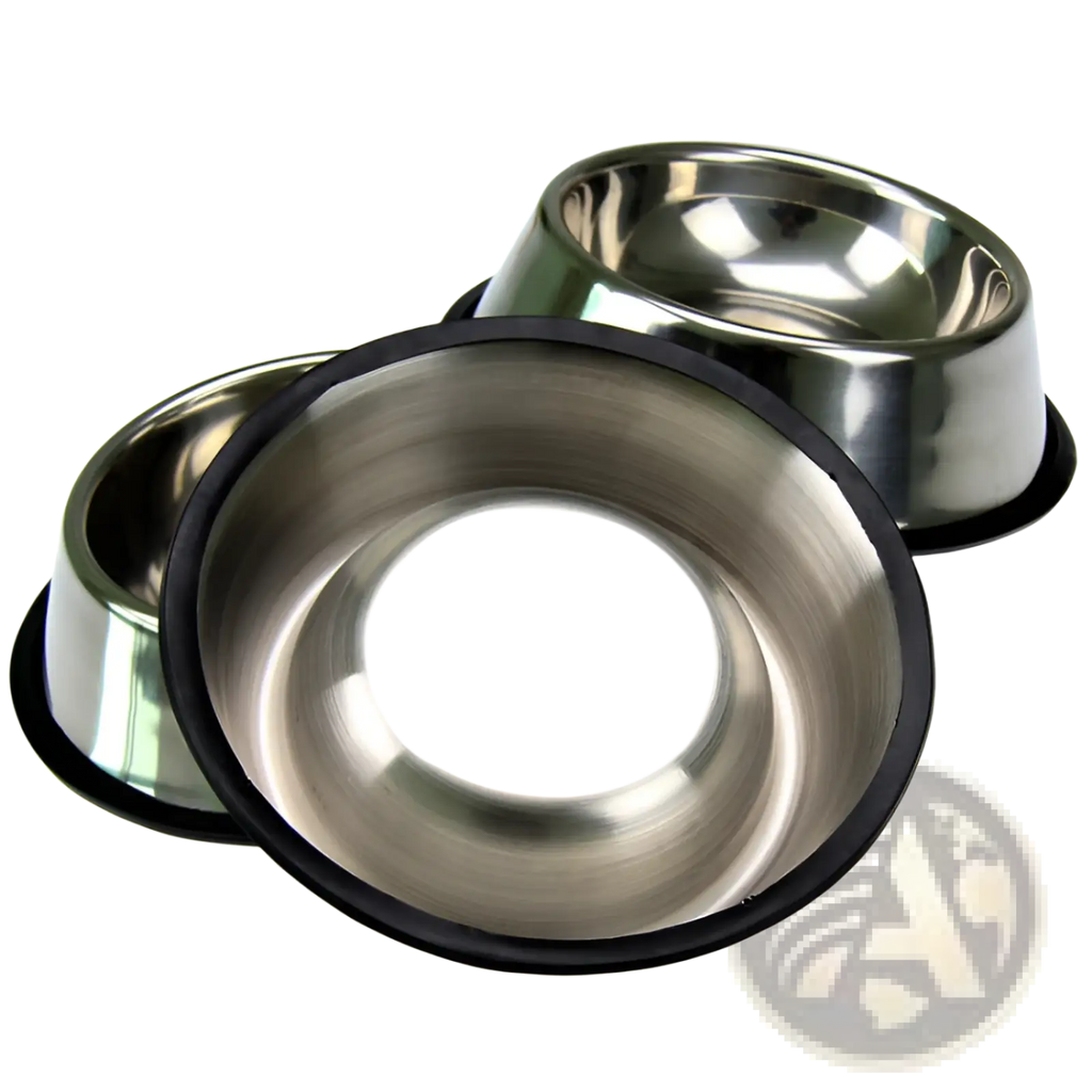 Stainless steel pet bowls with non slip black rubber base designed for stable feeding and durable use