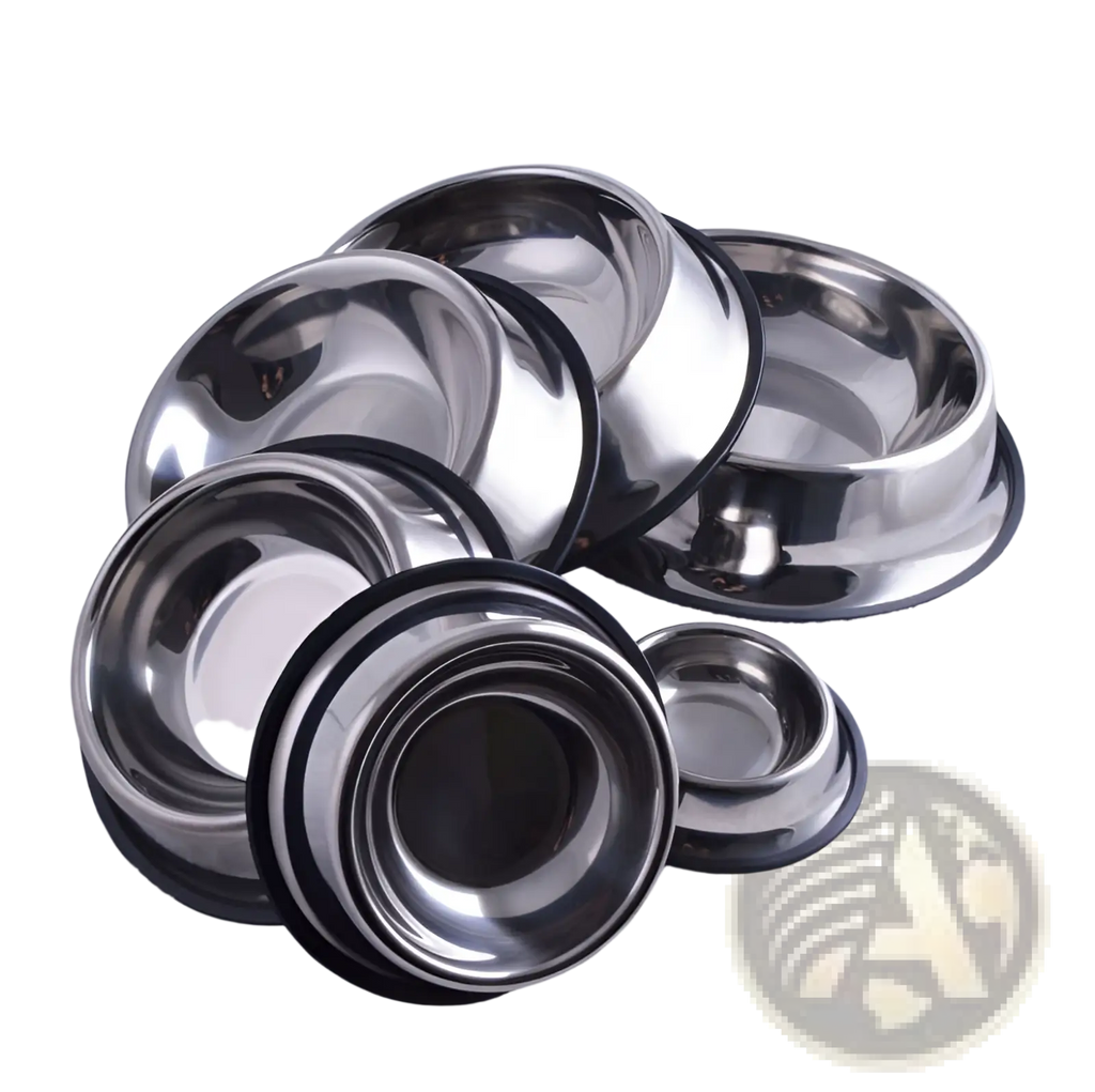 Set of stainless steel pet bowls with non slip black rubber bases for stable feeding