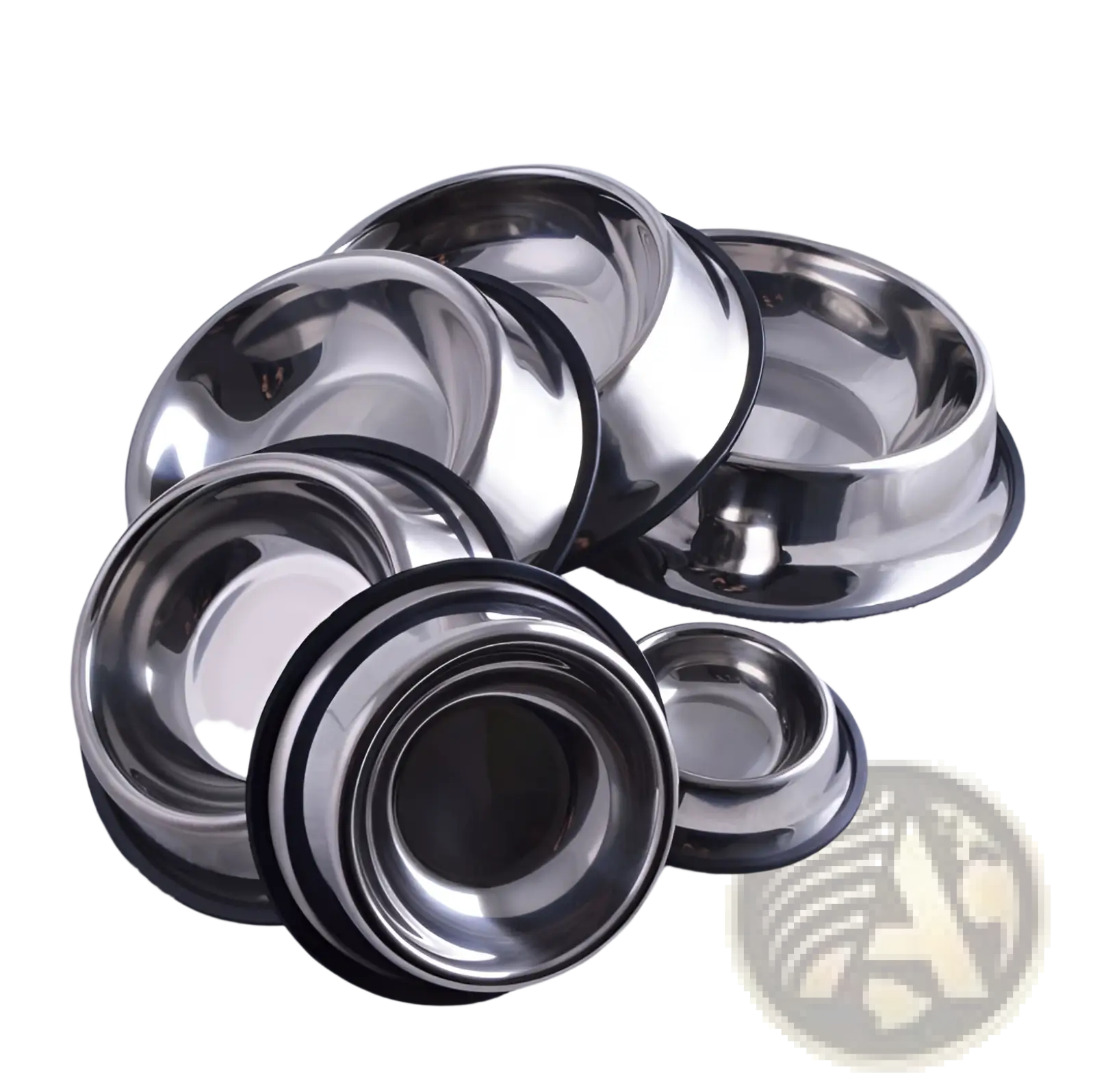Set of stainless steel pet bowls with non slip black rubber bases for stable feeding