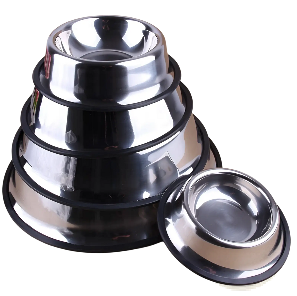 Set of stainless steel pet bowls with non slip black rubber bases for stable feeding