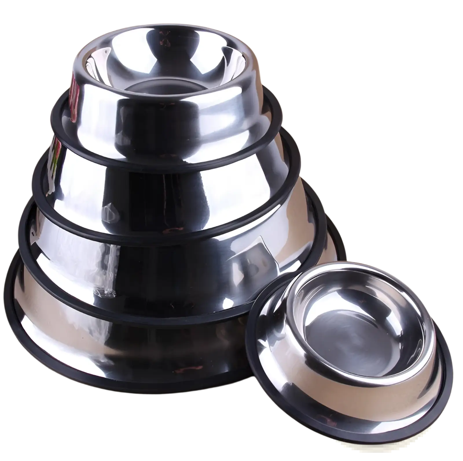 Set of stainless steel pet bowls with non slip black rubber bases for stable feeding