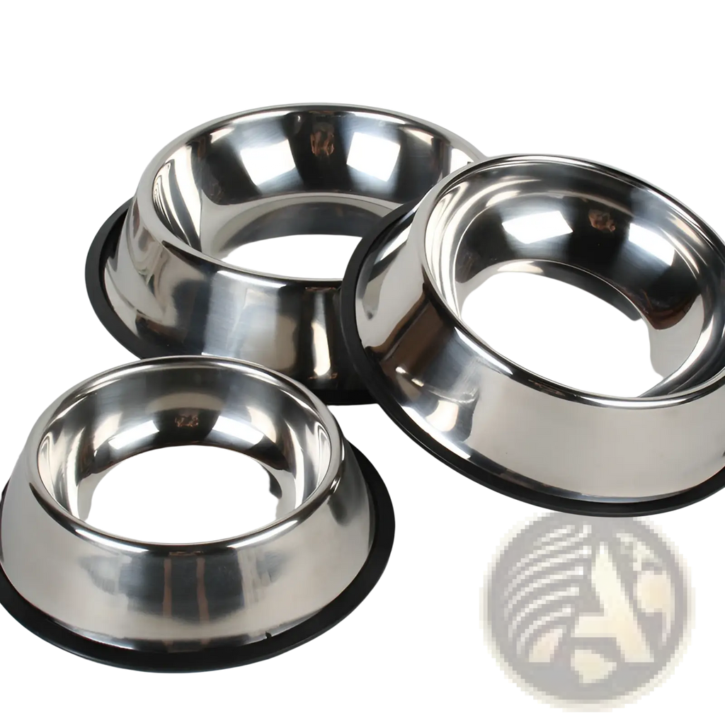 Set of three shiny stainless steel pet bowls with non slip black rubber bases for stable feeding