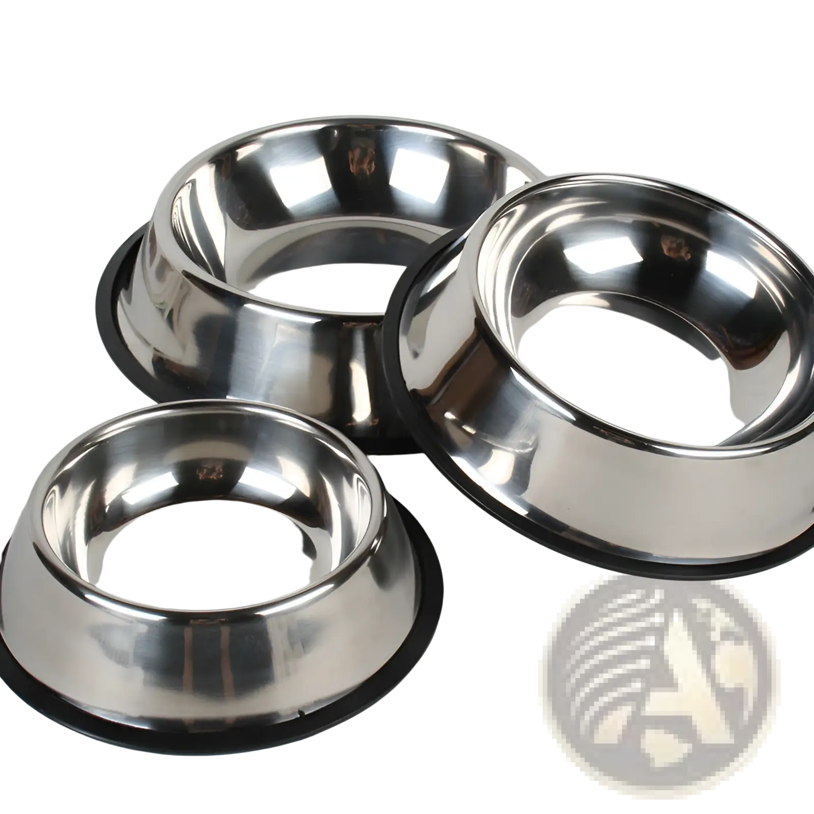 Set of three shiny stainless steel pet bowls with non slip black rubber bases for stable feeding