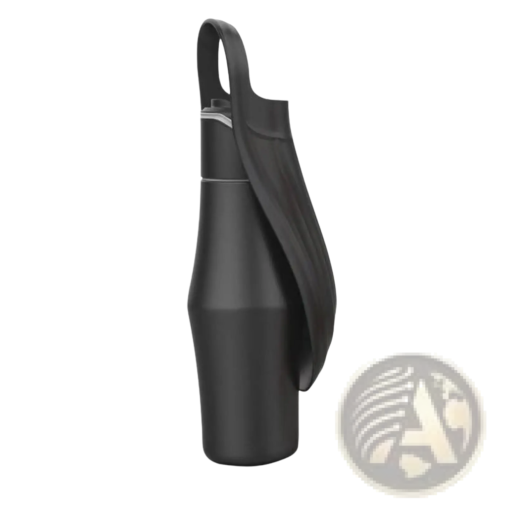 Black stainless steel pet water bottle with silicone bowl featuring insulated design and matching black handle