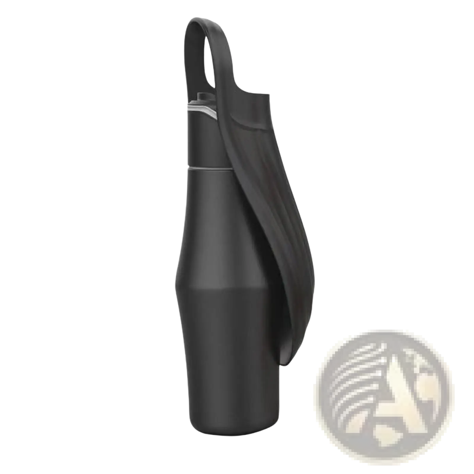 Black stainless steel pet water bottle with silicone bowl featuring insulated design and matching black handle