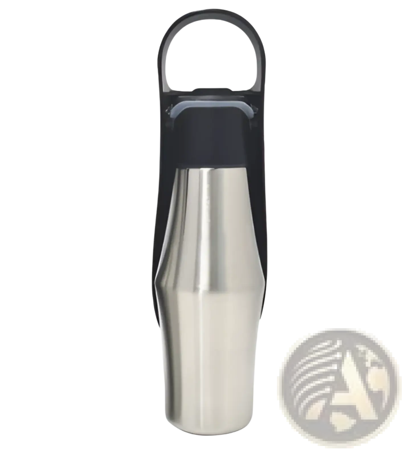 Silver stainless steel insulated pet water bottle with black plastic lid and carrying loop with silicone bowl