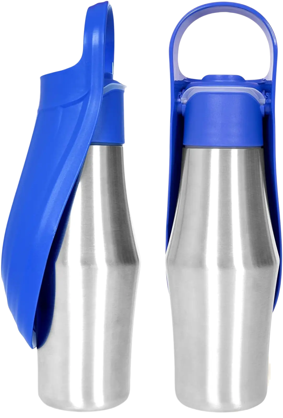 Blue and stainless steel pet water bottle with silicone bowl and handle for convenient hydration on the go