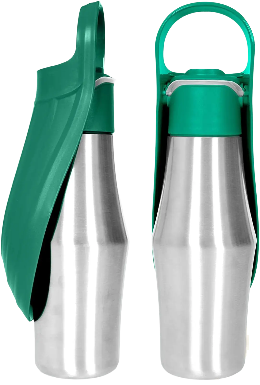 Stainless steel pet water bottle with silicone bowl in green and silver featuring handle and spout for easy use