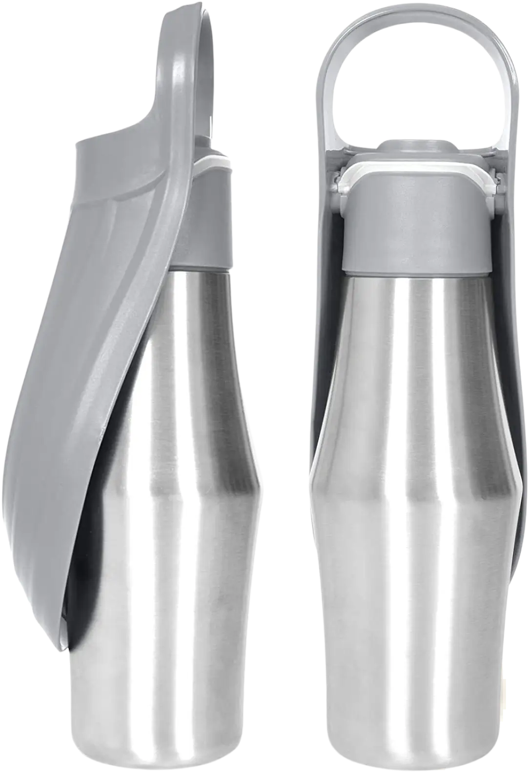 Silver stainless steel pet water bottle with gray plastic handle and lid for easy carrying and hydration