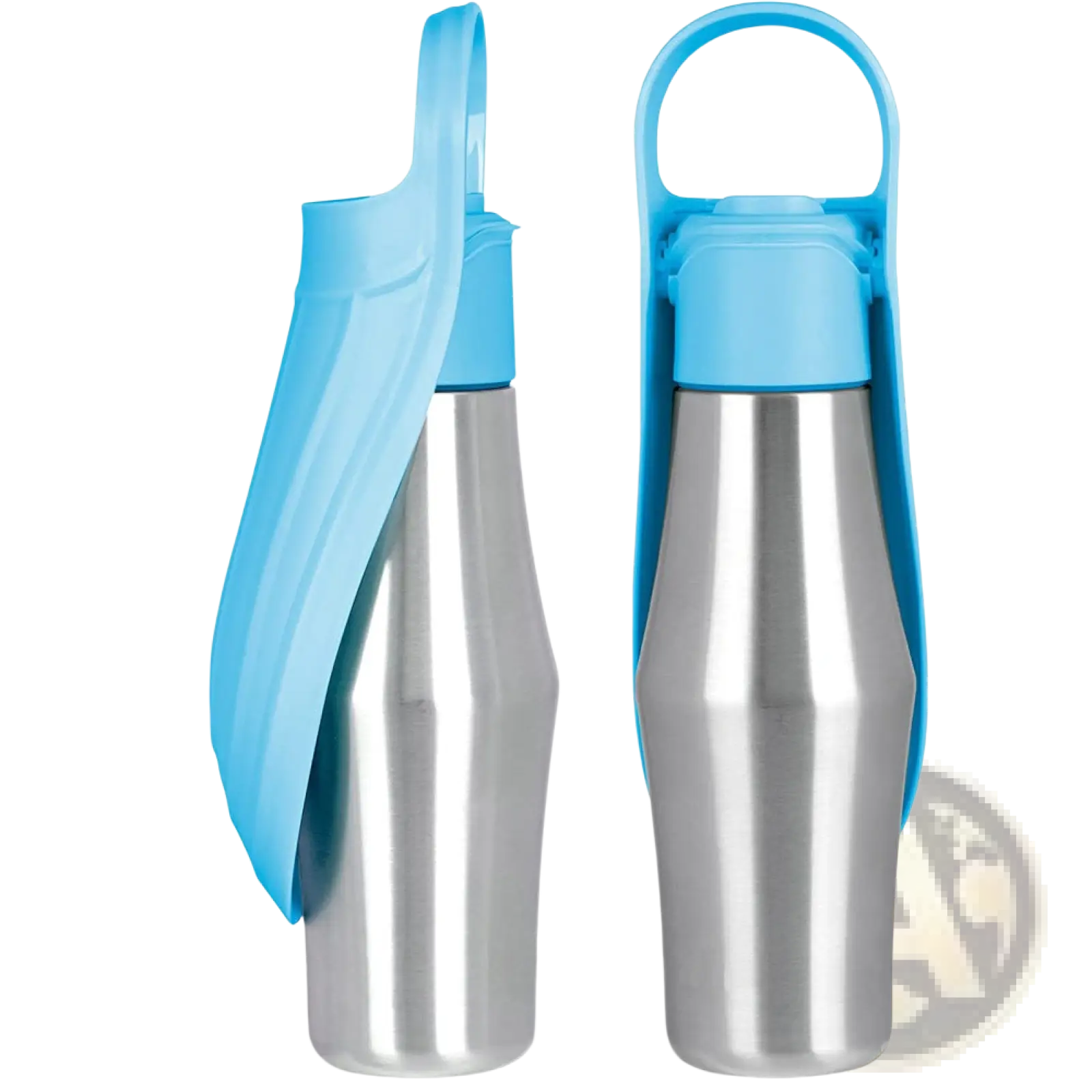 Blue silicone pet water bottle with stainless steel body and handle designed for convenient pet hydration