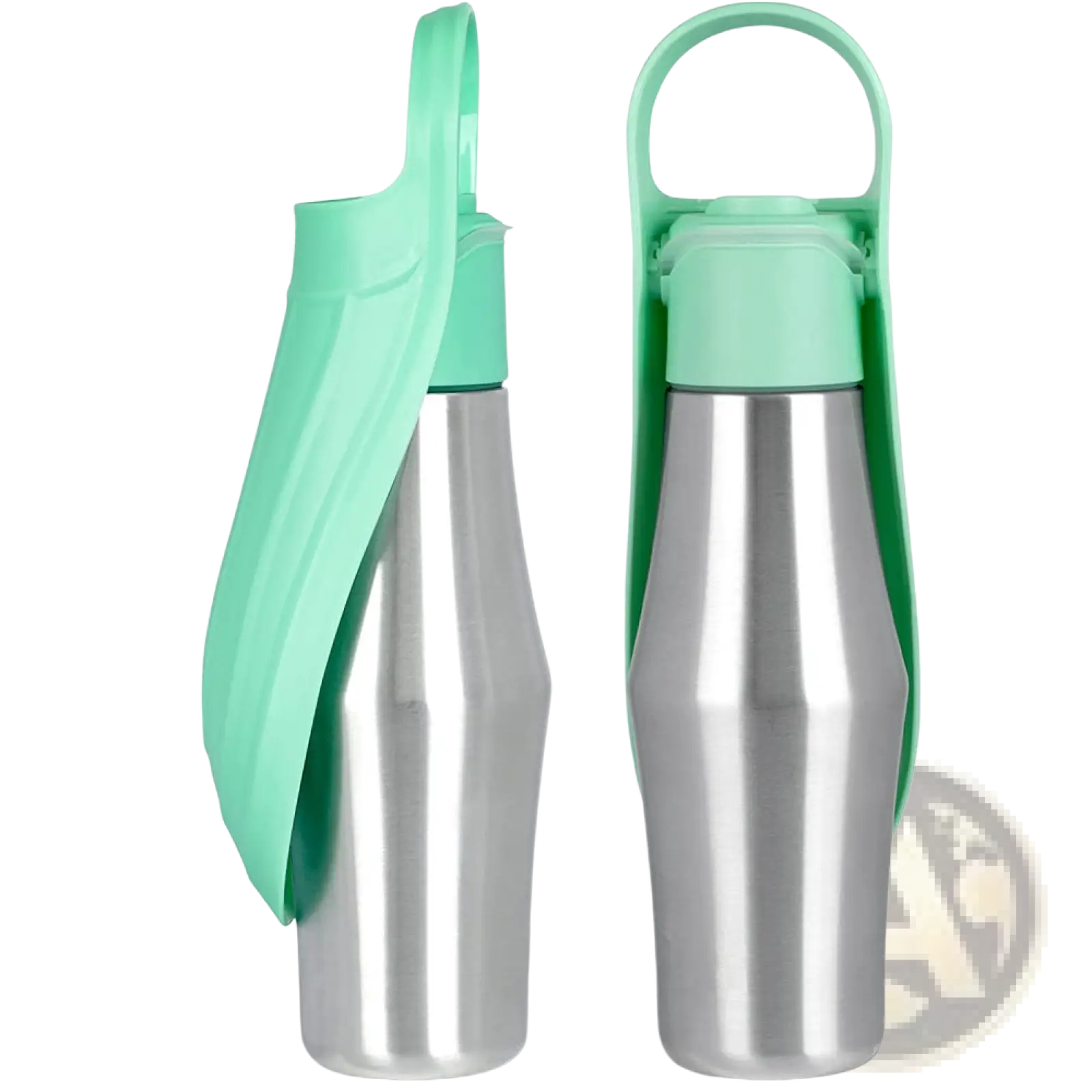 A sleek stainless steel pet water bottle with a mint green silicone sleeve and handle for easy carrying