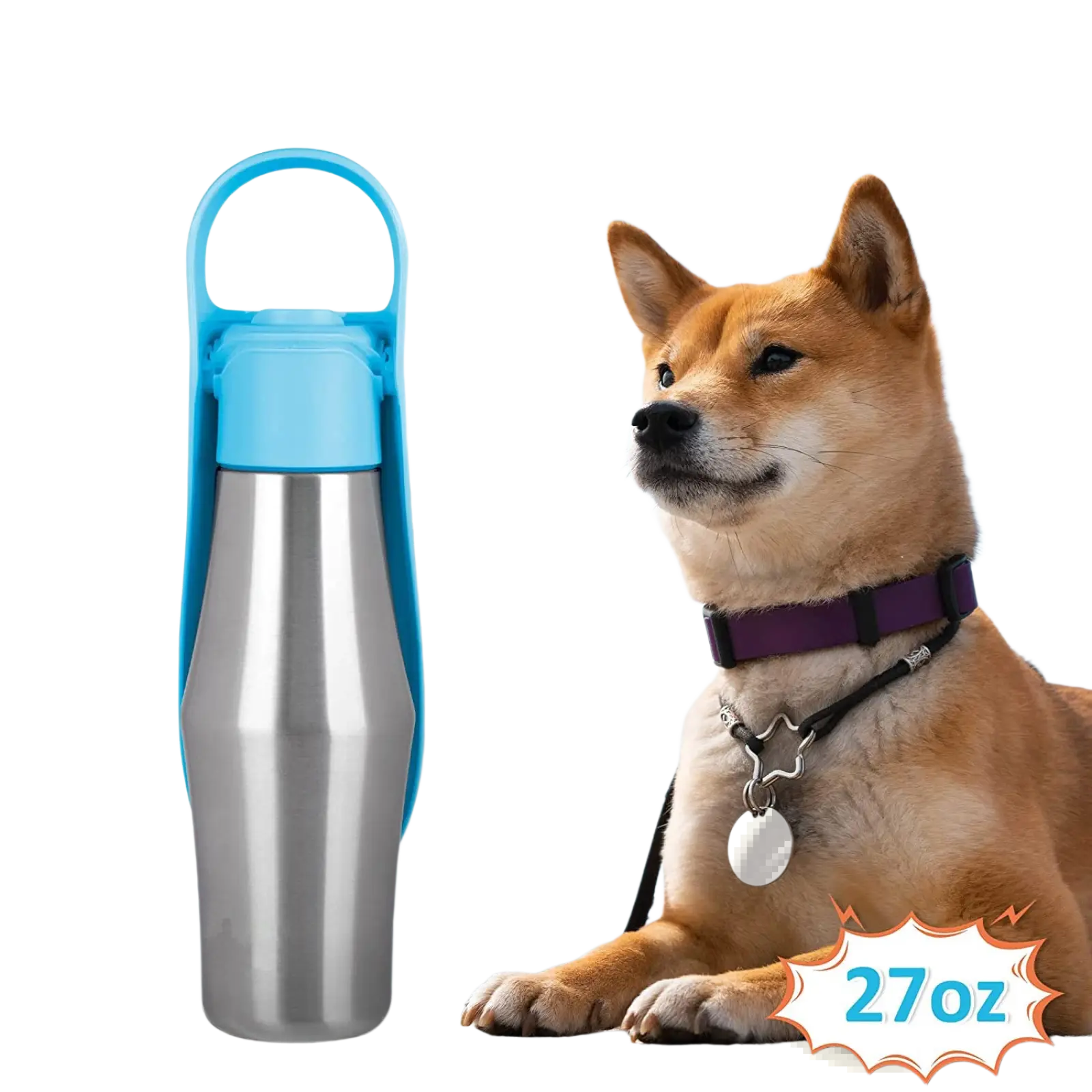 Blue and stainless steel pet water bottle with silicone bowl and handle designed for easy carrying and outdoor use