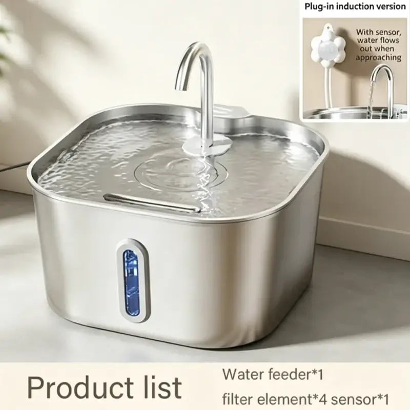 Stainless steel pet water dispenser with sleek square design and curved spout featuring a built-in water pump