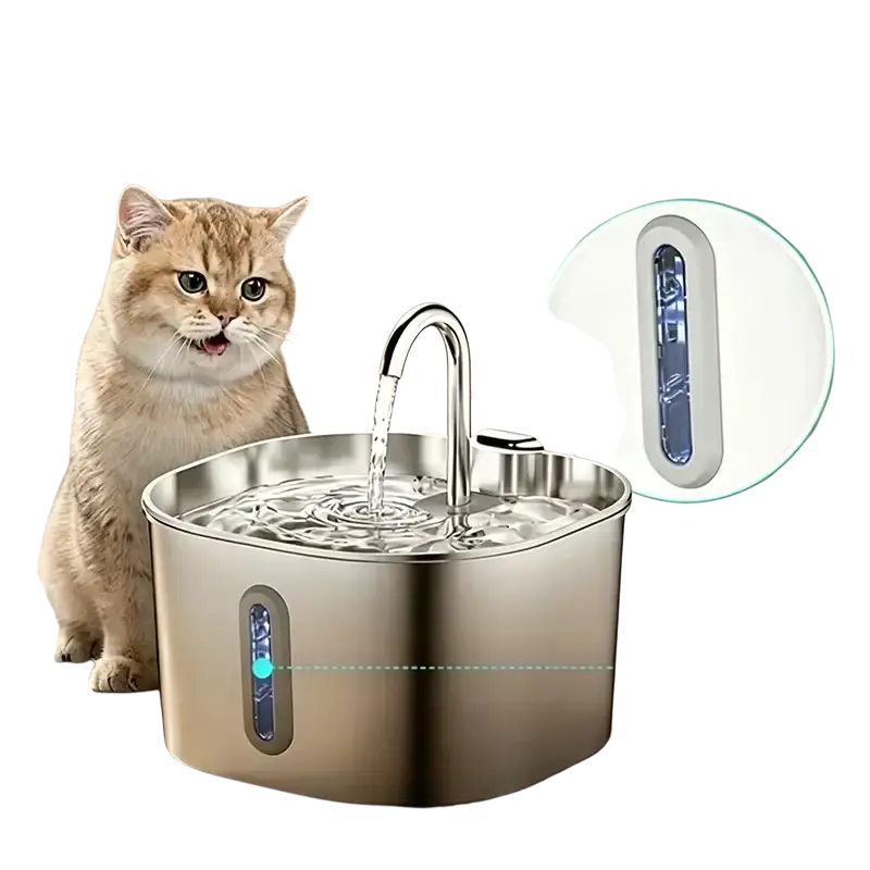 Stainless steel pet water dispenser and fountain with transparent window and led light for visible water feeder and pump