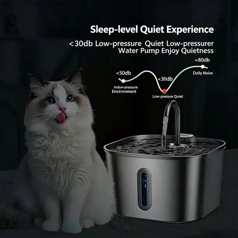 Silver stainless steel pet water dispenser and fountain with curved spout and digital display panel water pump feeder