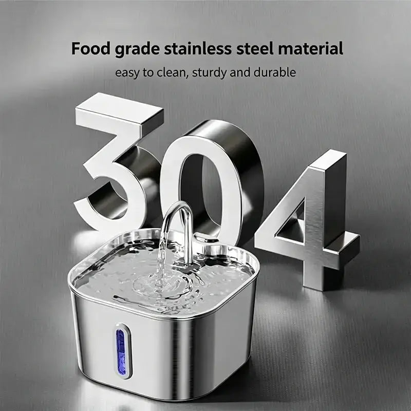 Silver rectangular stainless steel pet water dispenser and fountain with food-grade material and blue led water pump indicator