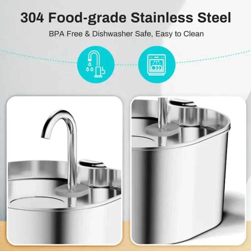 A sleek stainless steel pet water dispenser with curved spout and cylindrical basin featuring a water pump feeder